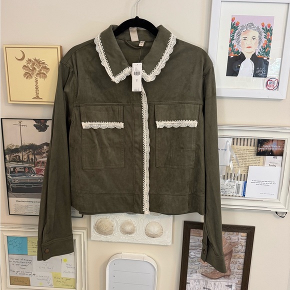 New with Tags Anthropologie Dolan Medium Olive Green Lace-Trimmed Women's Jacket - Picture 1 of 10